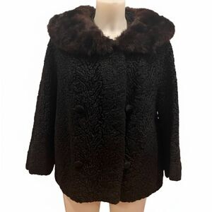 Vintage Oleg Cassini Black Persian Lamb Fur Jacket L/XL 1960s Swing Mink Collar